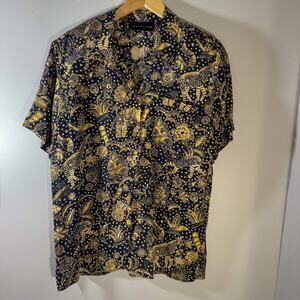 Vtg August Silk 100% Silk Short Sleeve Shirt Gold Elephant Floral Print Size S